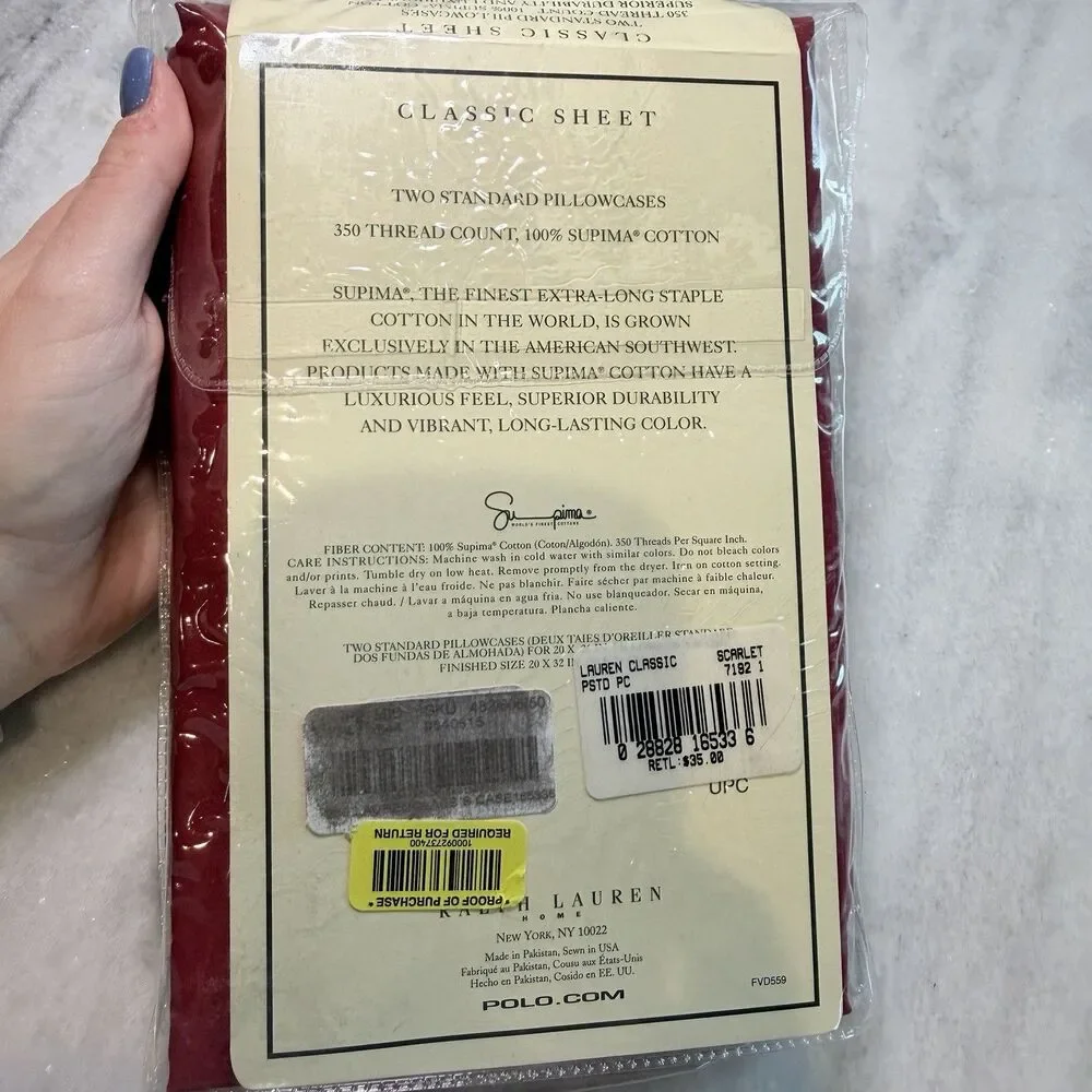 Lauren Ralph Lauren Scarlet Red Standard Pillowcases 350 Thread Count Supima New